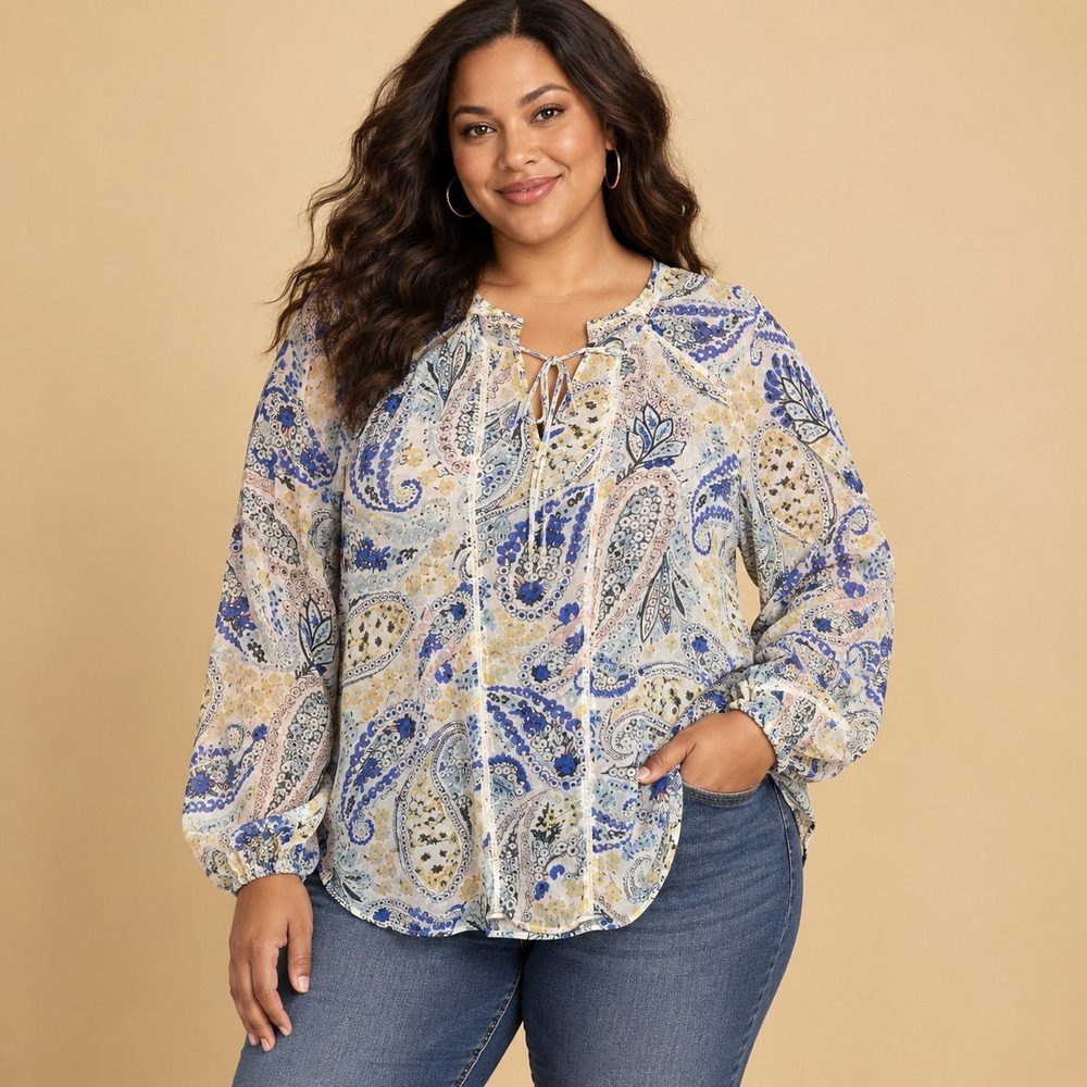 Lucky Brand Sheer Paisley Peasant Top Women's XL Boho Festival Hippie Whimsical